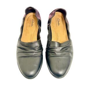Clarks Jenette Ruby Black Leather Flats 9.5M Comfort Slip On